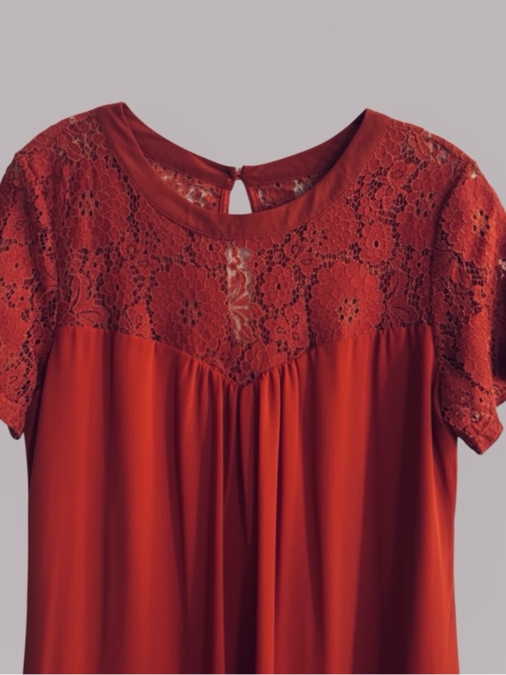 💐NWT Vanberfia Women's Plus Lace Yoke Short Sleeve Slip Dress - Rust - Picture 5 of 5